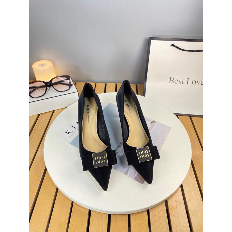 Giày cao gót công sở gắn nơ, giày da mềm mũi nhọn, giày gót nhọn 9cm mã H2