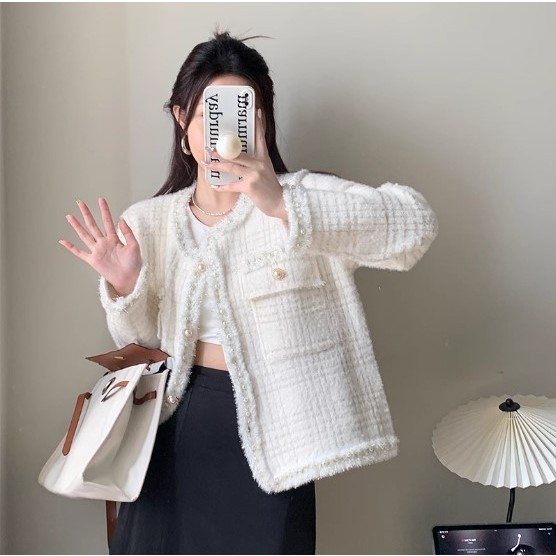 🌸Hàng Order🌸 Bigsize Áo Khoác Lông Thỏ Đính VIền Ngọc Phối Túi Tiểu Thư Nữ Tính🌸 Hàng Quảng Châu