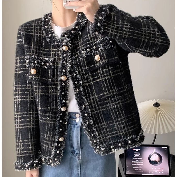 🌸Hàng Order🌸 Bigsize Áo Khoác Lông Thỏ Đính VIền Ngọc Phối Túi Tiểu Thư Nữ Tính🌸 Hàng Quảng Châu