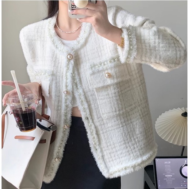 🌸Hàng Order🌸 Bigsize Áo Khoác Lông Thỏ Đính VIền Ngọc Phối Túi Tiểu Thư Nữ Tính🌸 Hàng Quảng Châu