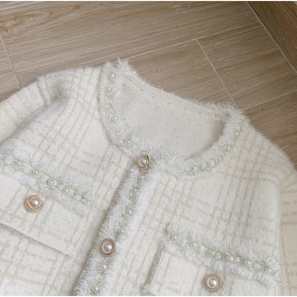 🌸Hàng Order🌸 Bigsize Áo Khoác Lông Thỏ Đính VIền Ngọc Phối Túi Tiểu Thư Nữ Tính🌸 Hàng Quảng Châu