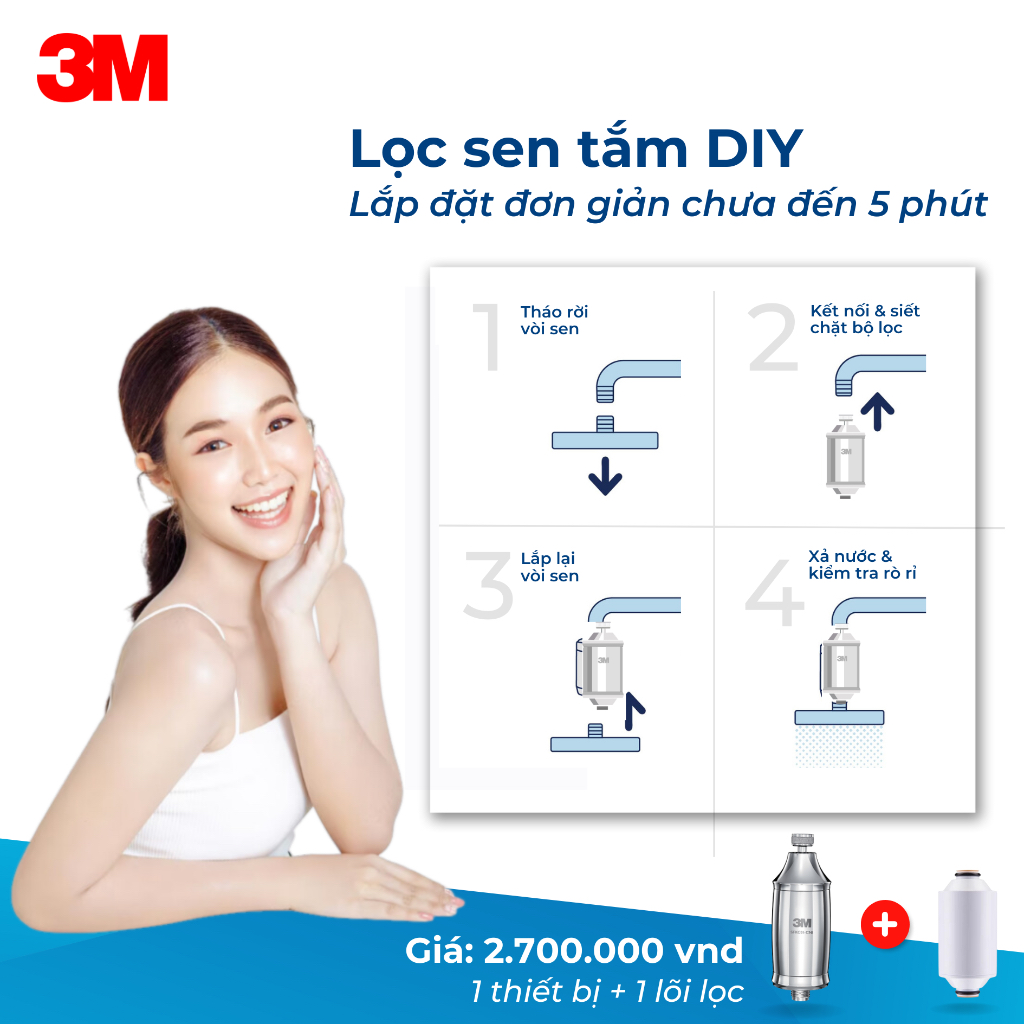 Thiết Bị Lọc Sen Tắm 3M SFKC01-CN1 - Khử Clo & Kim Loại Bảo Vệ Da Tóc - Hàng chính hãng