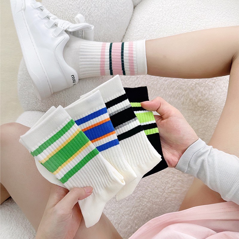 Set 5 Đôi Tất nam nữ kẻ sọc cổ cao thể thao phong cách hàn KS1