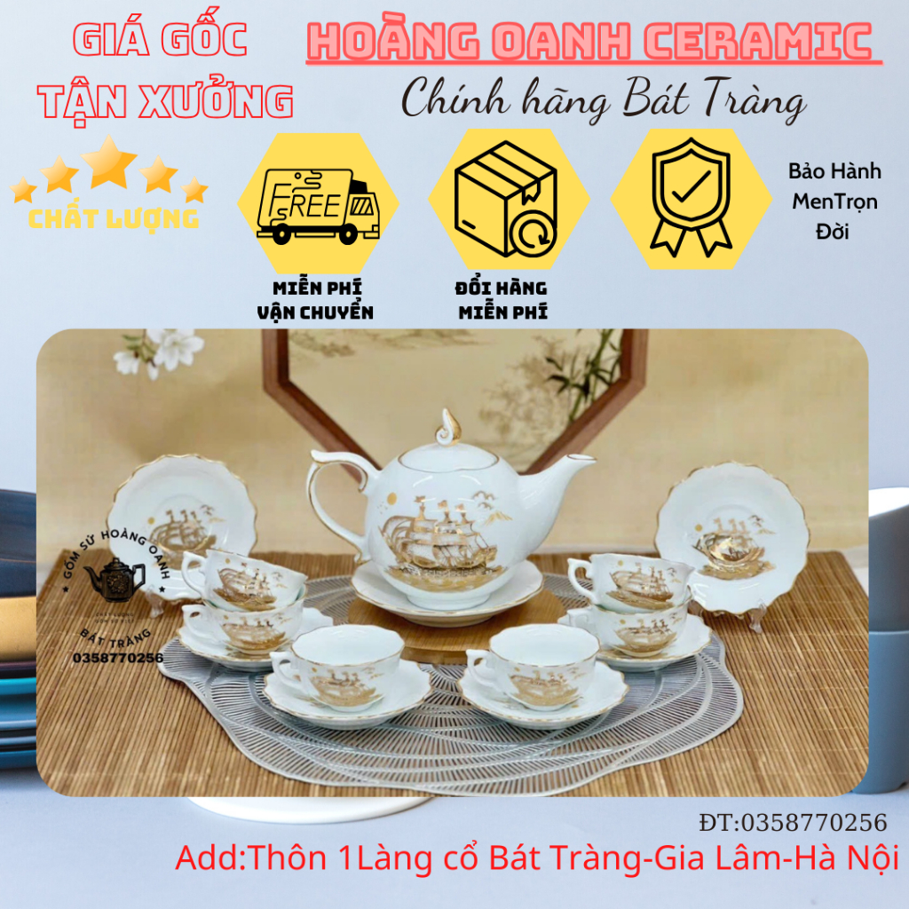 (CHỌN 10 MẪU)Bộ Ấm Chén Pha Trà Bát Tràng 600ml-men Trắng,viền Vàng,đĩa Mẫu đơn,vẽ Thuận Buồm Xuôi Gió