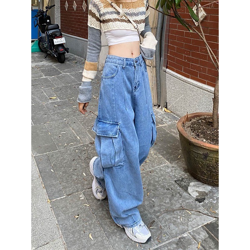 Quần jean nam nữ ống rộng dáng suông phong cách unisex Maia Quanjeanucargo3623  P9K3.4