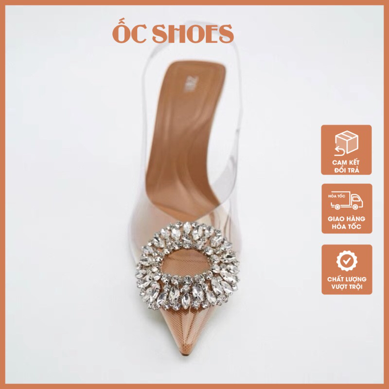 Giày cao gót mica trong zara gắn đá hoa tròn, giày zara vá mũi, giày mũi nhọn hở gót quai hậu, gót nhọn 7cm mã F15