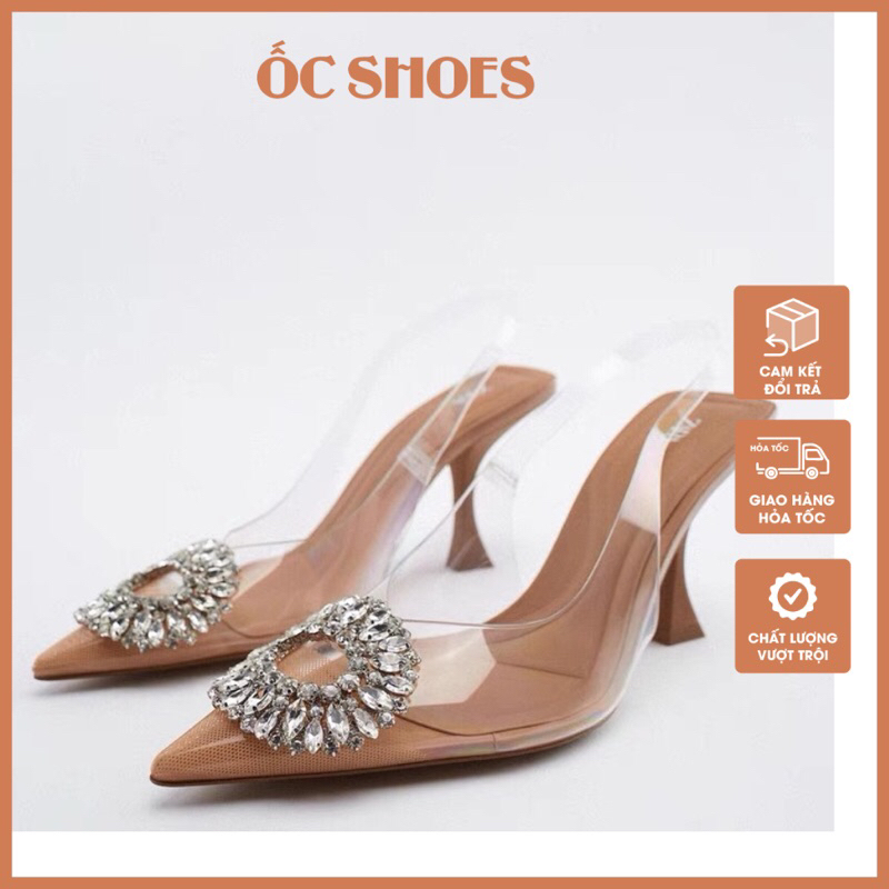 Giày cao gót mica trong zara gắn đá hoa tròn, giày zara vá mũi, giày mũi nhọn hở gót quai hậu, gót nhọn 7cm mã F15