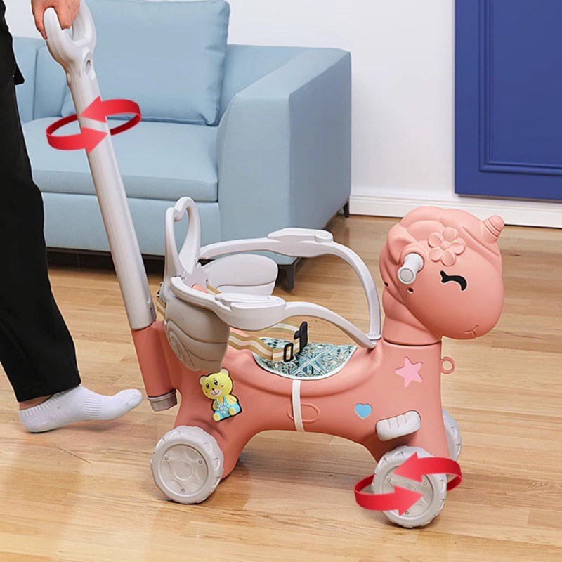 Ngựa bập bênh 2in1- Ngựa bập bênh đa năng có tay đẩy, có bàn ăn dặm, có đai bảo vệ an toàn cho bé