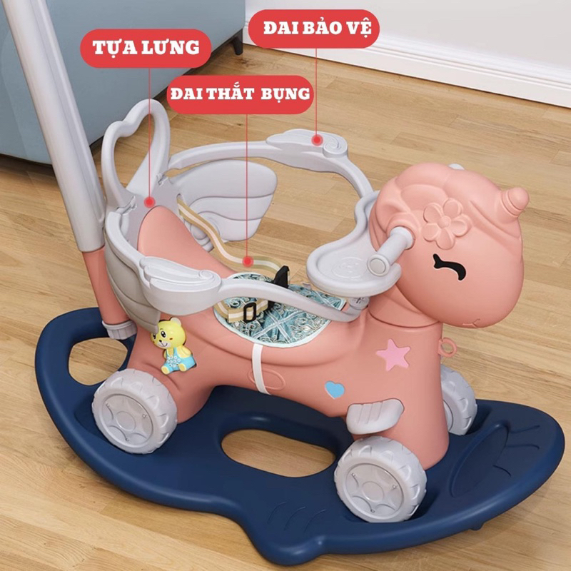 Ngựa bập bênh 2in1- Ngựa bập bênh đa năng có tay đẩy, có bàn ăn dặm, có đai bảo vệ an toàn cho bé