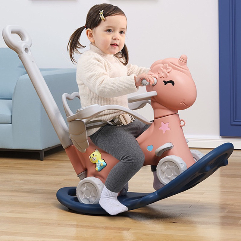 Ngựa bập bênh 2in1- Ngựa bập bênh đa năng có tay đẩy, có bàn ăn dặm, có đai bảo vệ an toàn cho bé
