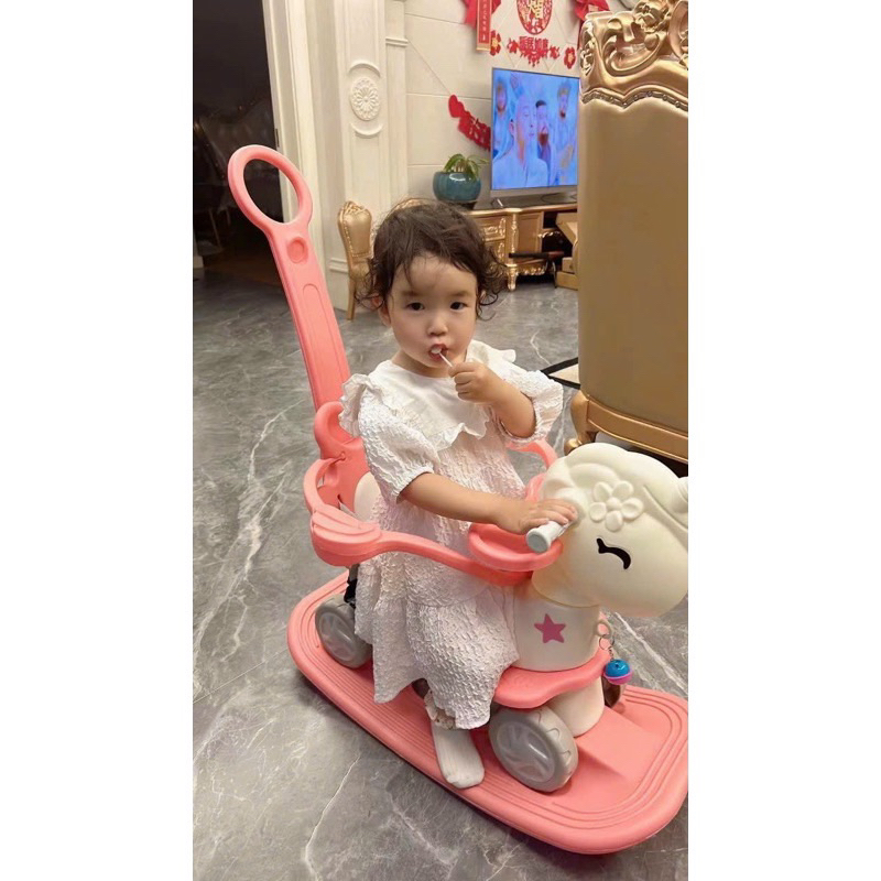 Ngựa bập bênh 2in1- Ngựa bập bênh đa năng có tay đẩy, có bàn ăn dặm, có đai bảo vệ an toàn cho bé
