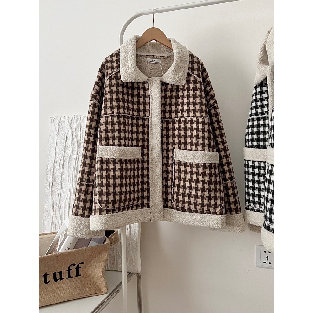 Áo khoác dạ hoạ tiết caro basic, áo khoác phong cách Hàn Quốc lót lông cừu siêu xịn hàng Quảng Châu T34
