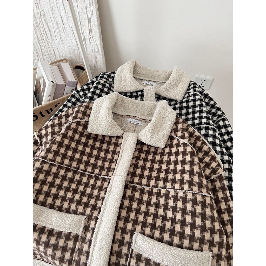 Áo khoác dạ hoạ tiết caro basic, áo khoác phong cách Hàn Quốc lót lông cừu siêu xịn hàng Quảng Châu T34