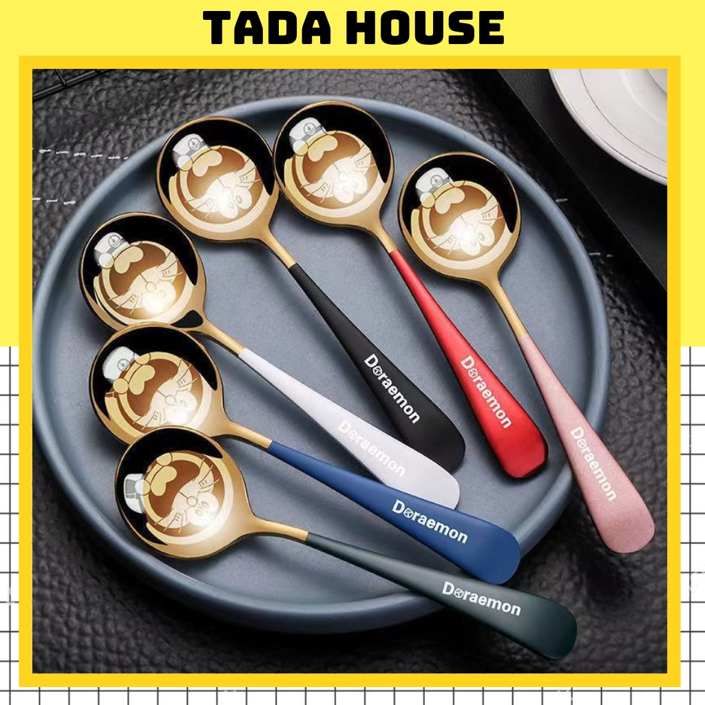 Thìa inox mạ vàng sang trọng, Muỗng cán dài Doremon cho trẻ nhiều màu sang chảnh hàng cao cấp - TADAHOUSE