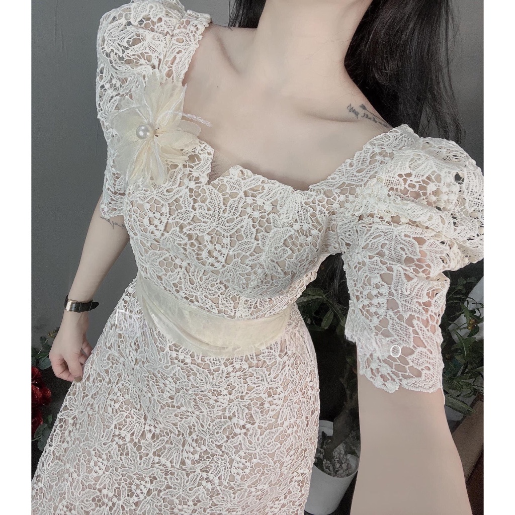 Váy ren nho cổ vuông nơ eo xinh xắn