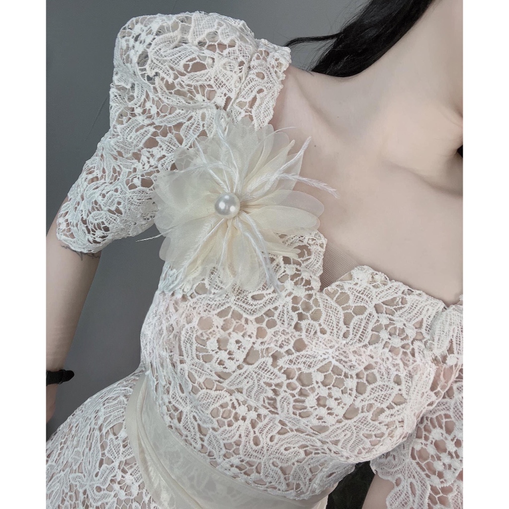 Váy ren nho cổ vuông nơ eo xinh xắn