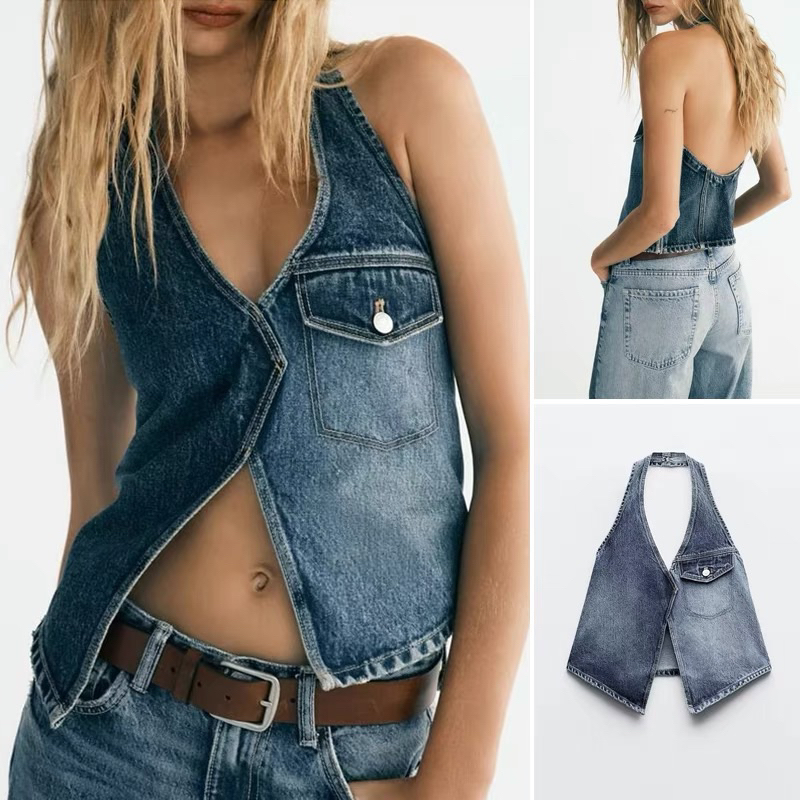 Áo denim cổ yếm gài nút
