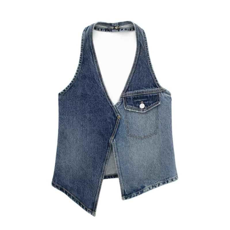 Áo denim cổ yếm gài nút