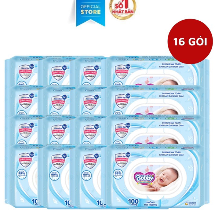 Thùng 16 Gói Khăn ướt Bobby không mùi 100 miếng/gói