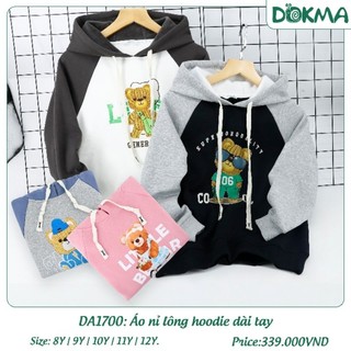   8-12Y  Áo Hoodie nỉ lông dày ấm cho bé trai bé gái Dokma DA1700 