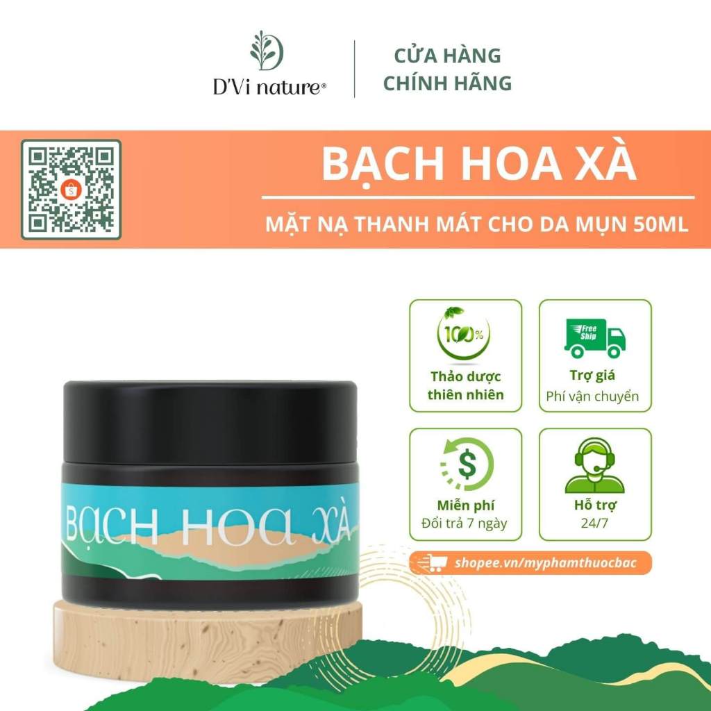 Mặt nạ bạch hoa xà D'Vi nature giúp gom còi mụn, khô mụn nhanh, giảm thâm mụn, thanh mát làn da mụn từ thảo dược