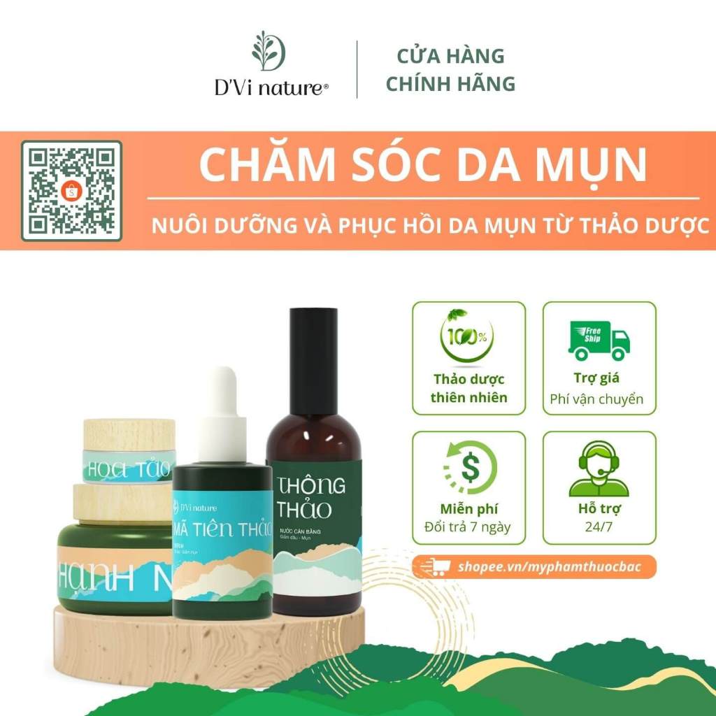 Combo chăm sóc da mụn D'Vi nature hỗ trợ quá trình giảm sưng, thâm mụn, gom khô còi mụn từ thảo dược DVi nature