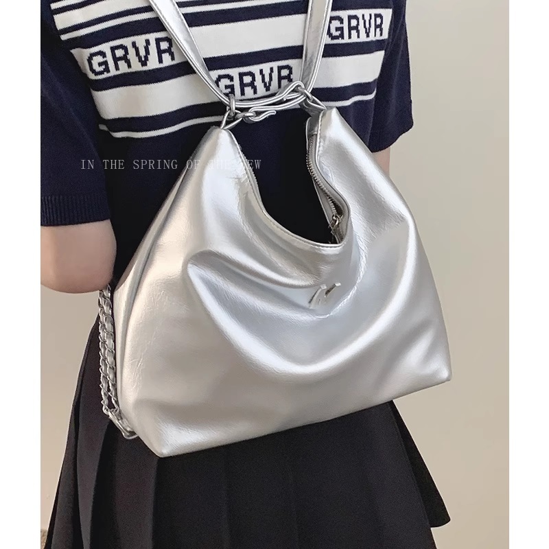 Balo nữ đeo vai Tuinhacam túi tote có khoá kéo da mềm dây da phối xích thời trang nữ Hàn Quốc - TNC034