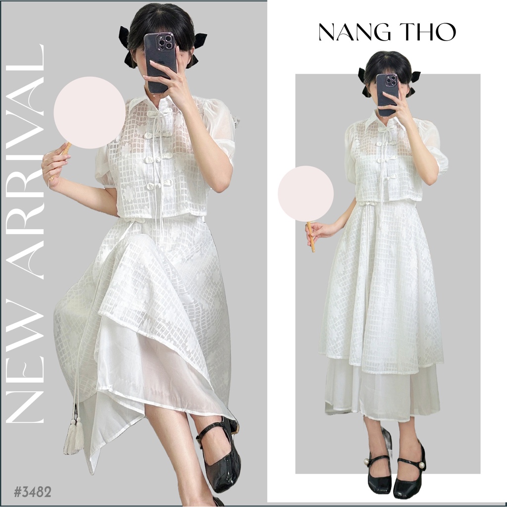 Set đầm trắng cổ tàu phối chân váy midi tiểu thư siêu xinh hot trend (ảnh thật do shop chụp) 3482