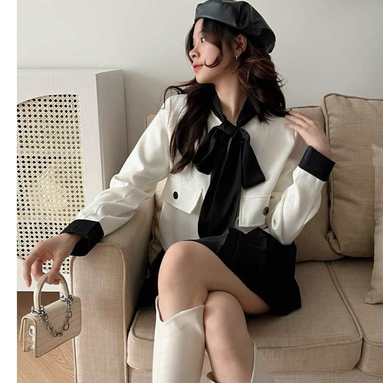 Sét áo dạ Tweed tay dài cổ nơ 2 lớp kèm chân váy xòe xếp ly, Sét 2 món áo dạ buộc nơ siêu xinh kèm chân váy