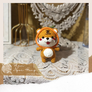 Hổ mũ cam nhồi bông, hổ len, len móc thủ công