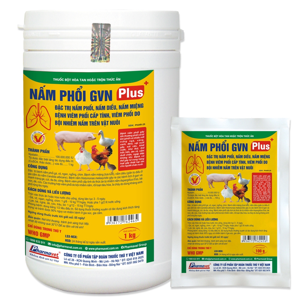 Nấm Phổi, Nấm Diều, Nấm Cóc Hầu, Nấm Miệng, Nấm Nội Tạng, Nấm Phổi GVN Plus 10g Pharmavet