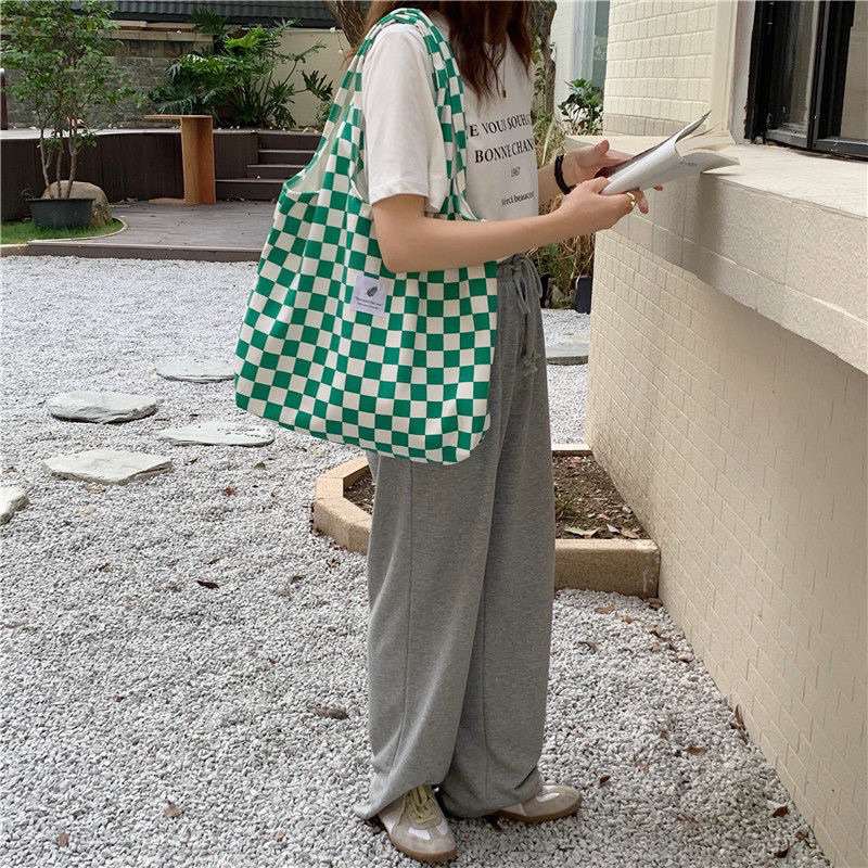 Túi đeo vai vải canvas caro hợp thời trang