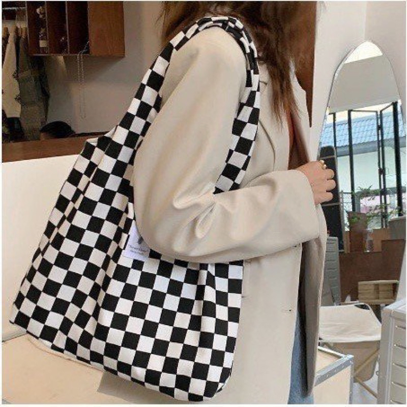 Túi đeo vai vải canvas caro hợp thời trang