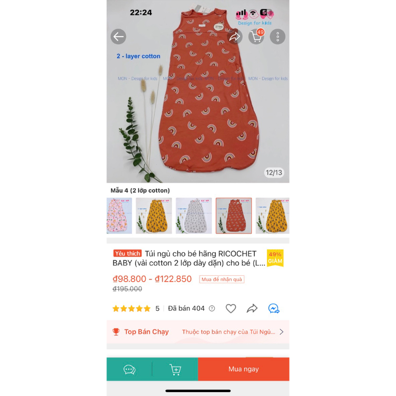 Túi ngủ trần bông hàng xuất dư HM, desney,.. vải Organic Cotton lót bông mỏng cho bé trai bé gái lỗi nhẹ