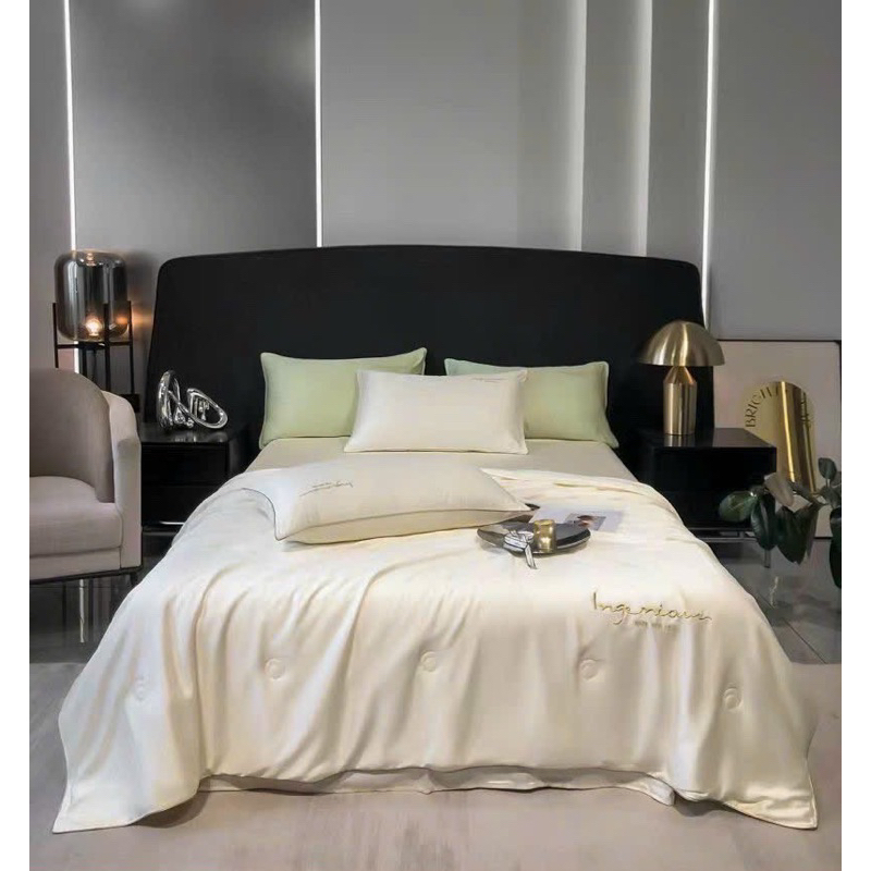 Bộ Chăn Ga Phi Lụa Thêu Chữ Trần Bông LuisBedding2 Chất Liệu Mềm Mịn Đủ Kích Thước Giường