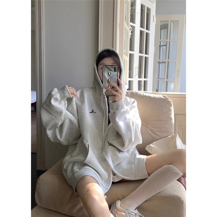 ÁO HOODIE KHÓA KÉO MÀU XÁM CHẤT LIỆU NỈ BÔNG PHONG CÁCH HÀN QUỐC