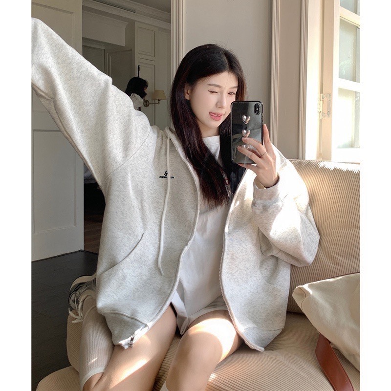 ÁO HOODIE KHÓA KÉO MÀU XÁM CHẤT LIỆU NỈ BÔNG PHONG CÁCH HÀN QUỐC