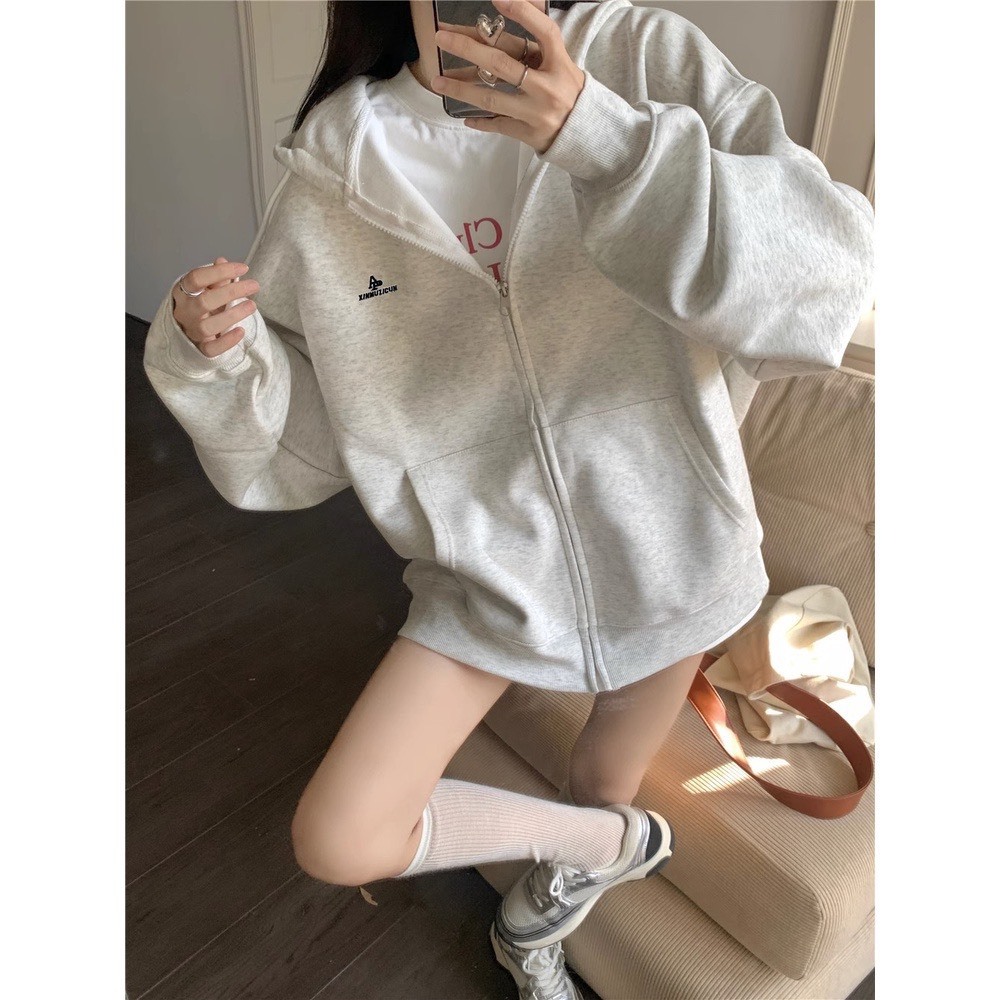 ÁO HOODIE KHÓA KÉO MÀU XÁM CHẤT LIỆU NỈ BÔNG PHONG CÁCH HÀN QUỐC