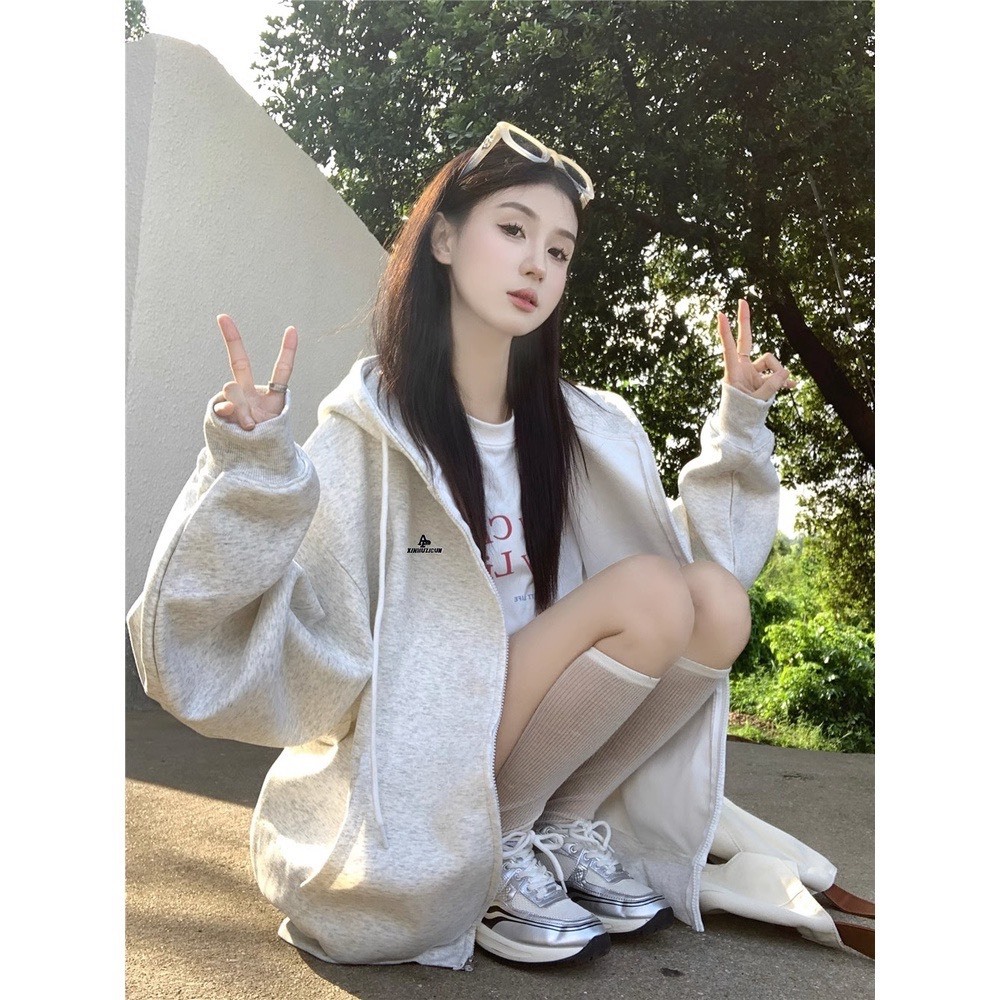 ÁO HOODIE KHÓA KÉO MÀU XÁM CHẤT LIỆU NỈ BÔNG PHONG CÁCH HÀN QUỐC