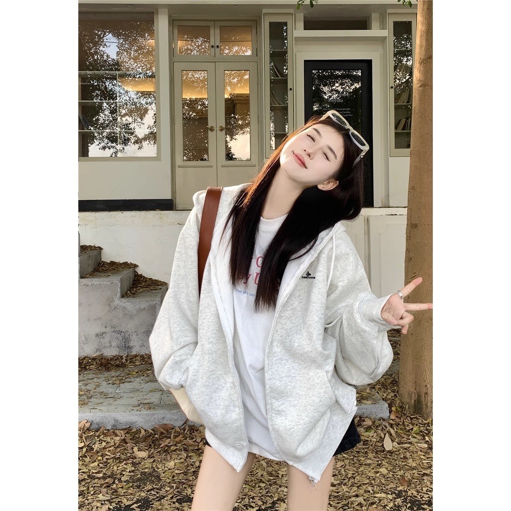 ÁO HOODIE KHÓA KÉO MÀU XÁM CHẤT LIỆU NỈ BÔNG PHONG CÁCH HÀN QUỐC