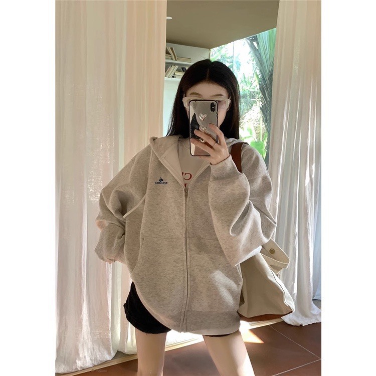 ÁO HOODIE KHÓA KÉO MÀU XÁM CHẤT LIỆU NỈ BÔNG PHONG CÁCH HÀN QUỐC