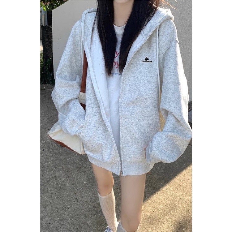 ÁO HOODIE KHÓA KÉO MÀU XÁM CHẤT LIỆU NỈ BÔNG PHONG CÁCH HÀN QUỐC