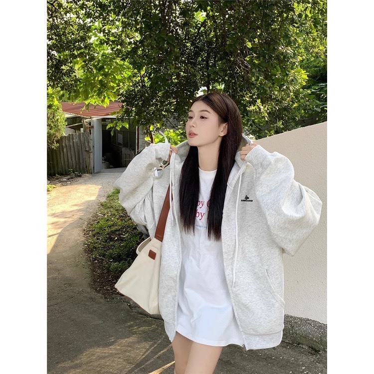 ÁO HOODIE KHÓA KÉO MÀU XÁM CHẤT LIỆU NỈ BÔNG PHONG CÁCH HÀN QUỐC