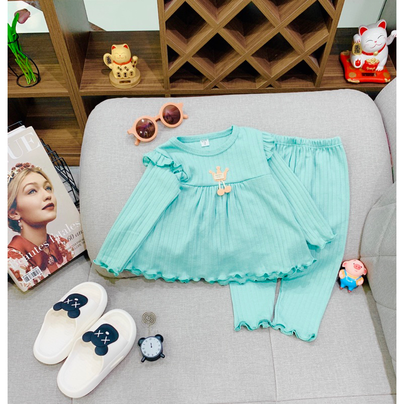 Bộ dài tay cho bé gái từ 7-18kg chất len tăm co dãn mềm thoáng dáng babydoll phối cánh tiên xinh yêu
