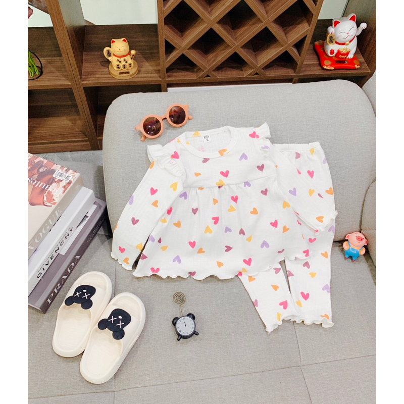 Bộ dài tay cho bé gái từ 7-18kg chất len tăm co dãn mềm thoáng dáng babydoll phối cánh tiên xinh yêu