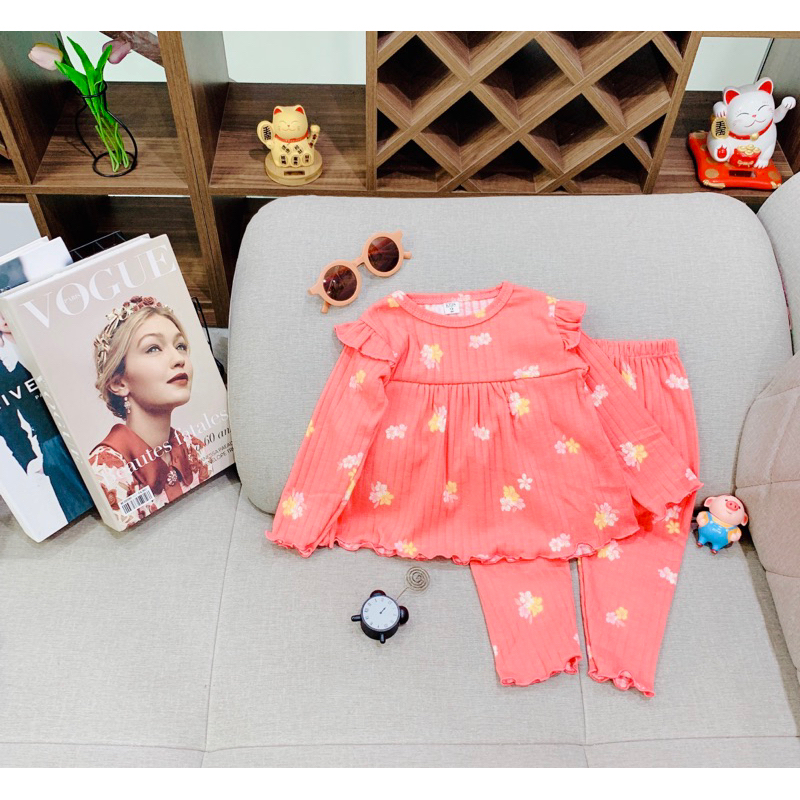 Bộ dài tay cho bé gái từ 7-18kg chất len tăm co dãn mềm thoáng dáng babydoll phối cánh tiên xinh yêu