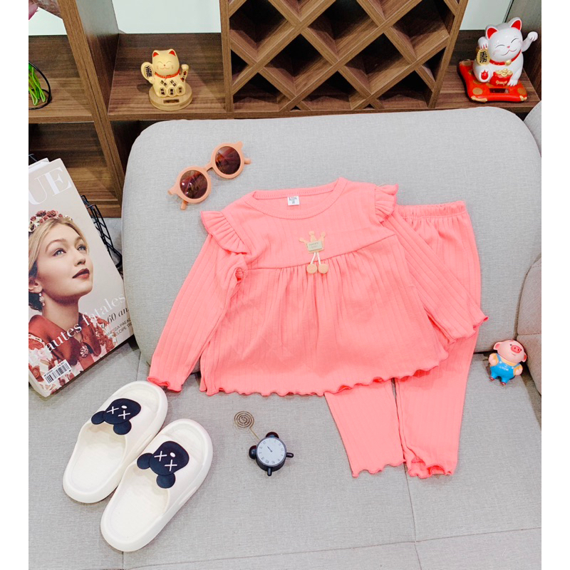 Bộ dài tay cho bé gái từ 7-18kg chất len tăm co dãn mềm thoáng dáng babydoll phối cánh tiên xinh yêu