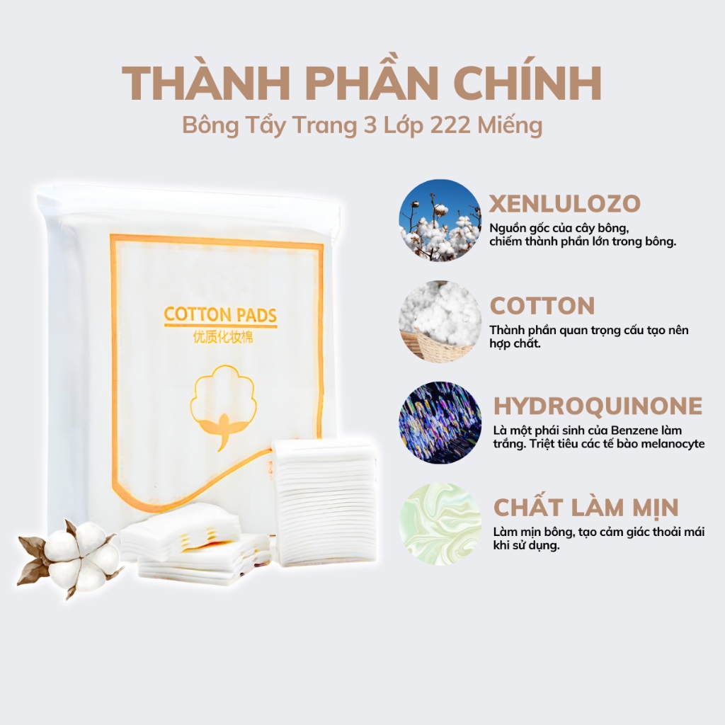 Bông tẩy trang 3 lớp 2 mặt Cotton Pads 222 miếng sợi bông tự nhiên an toàn cho da thấm hút tốt