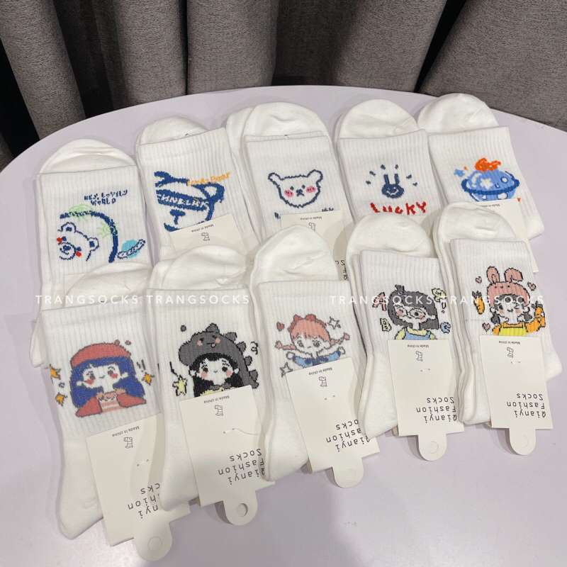 Tất trắng cao cổ hình Girl & Bear