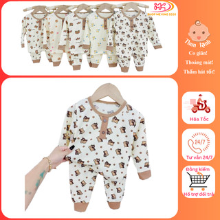 MK427 (5-15KG) Bộ áo dài tay quàn dài in họa tiết viền nâu phối cổ cúc chất tăm gân mỏng mềm cho bé dưới 3 tuổi